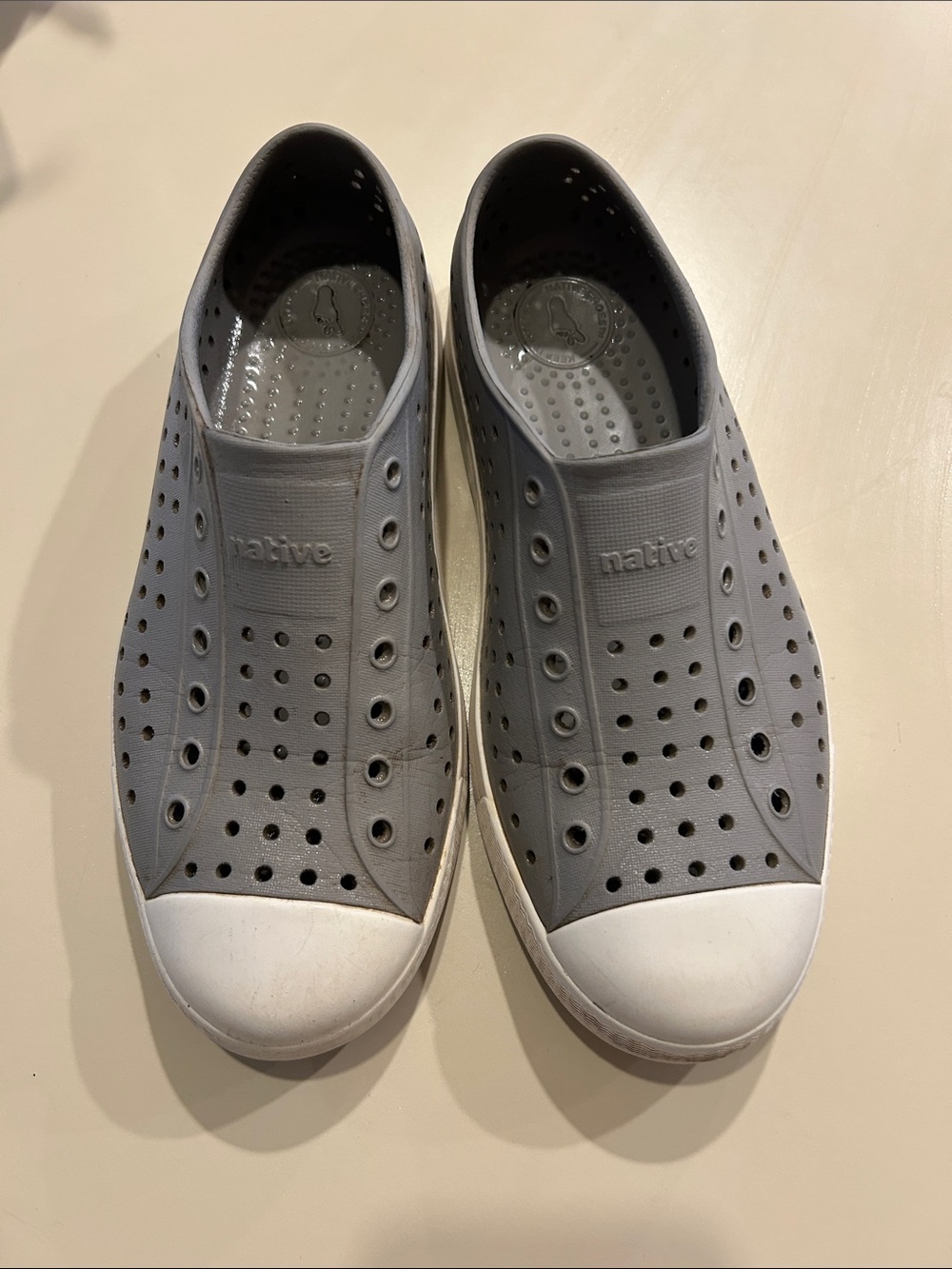 Native Grey Perforated Slip-On Shoes with White Toe